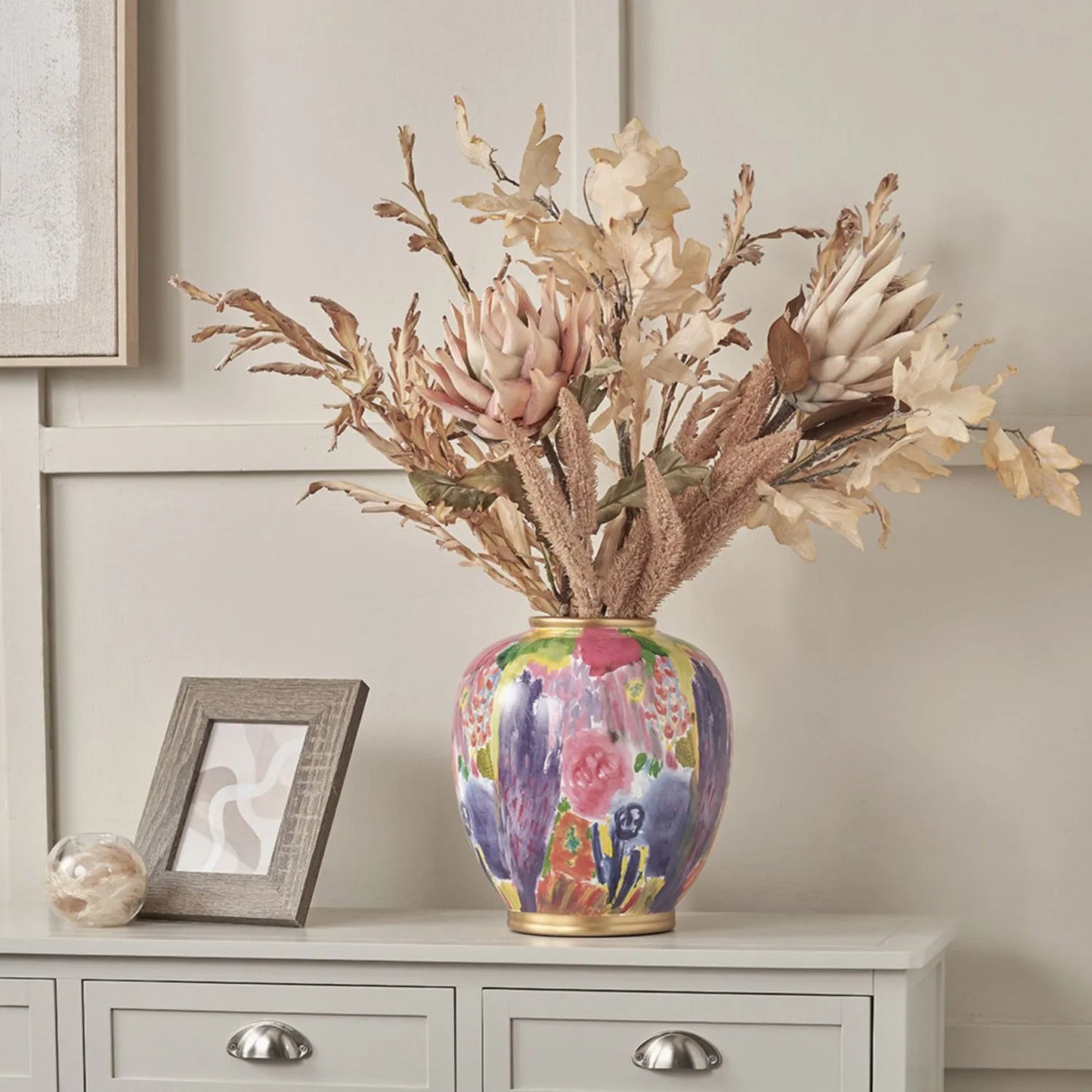 Vibrant Matisse-Style Multi-Colour Ceramic Urn Table Lamp with Black Cotton Drum Shade & Gold Detailing – Artistic Painterly Lighting 61x40x40cm | Click Style