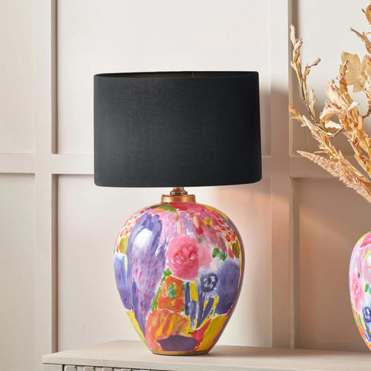 Vibrant Matisse-Style Multi-Colour Ceramic Urn Table Lamp with Black Cotton Drum Shade & Gold Detailing – Artistic Painterly Lighting 61x40x40cm | Click Style