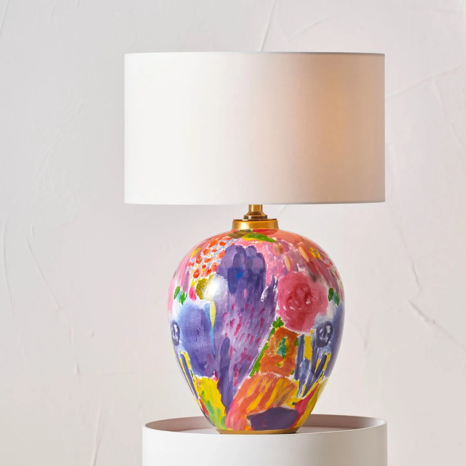 Vibrant Matisse-Style Multi-Colour Ceramic Urn Table Lamp with Ivory Cotton Drum Shade & Gold Detailing – Artistic Painterly Lighting 61x40x40cm | Click Style