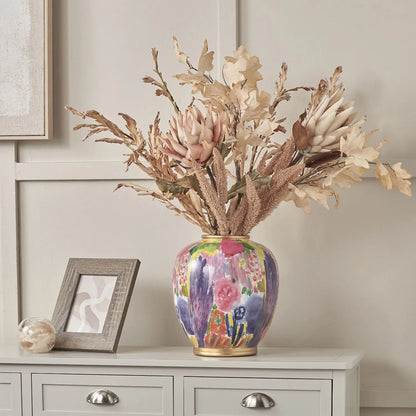 Vibrant Matisse-Style Multi-Colour Ceramic Urn Table Lamp with Ivory Cotton Drum Shade & Gold Detailing – Artistic Painterly Lighting 61x40x40cm | Click Style