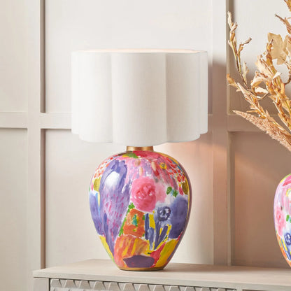 Vibrant Matisse-Style Multi-Colour Ceramic Urn Table Lamp with Ivory Cotton Drum Shade & Gold Detailing – Artistic Painterly Lighting 61x40x40cm | Click Style