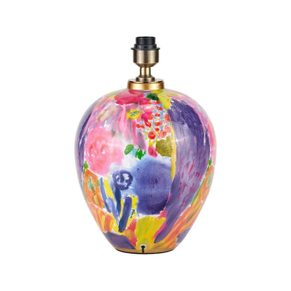 Vibrant Matisse-Style Multi-Colour Ceramic Urn Table Lamp with Ivory Cotton Drum Shade & Gold Detailing – Artistic Painterly Lighting 61x40x40cm | Click Style