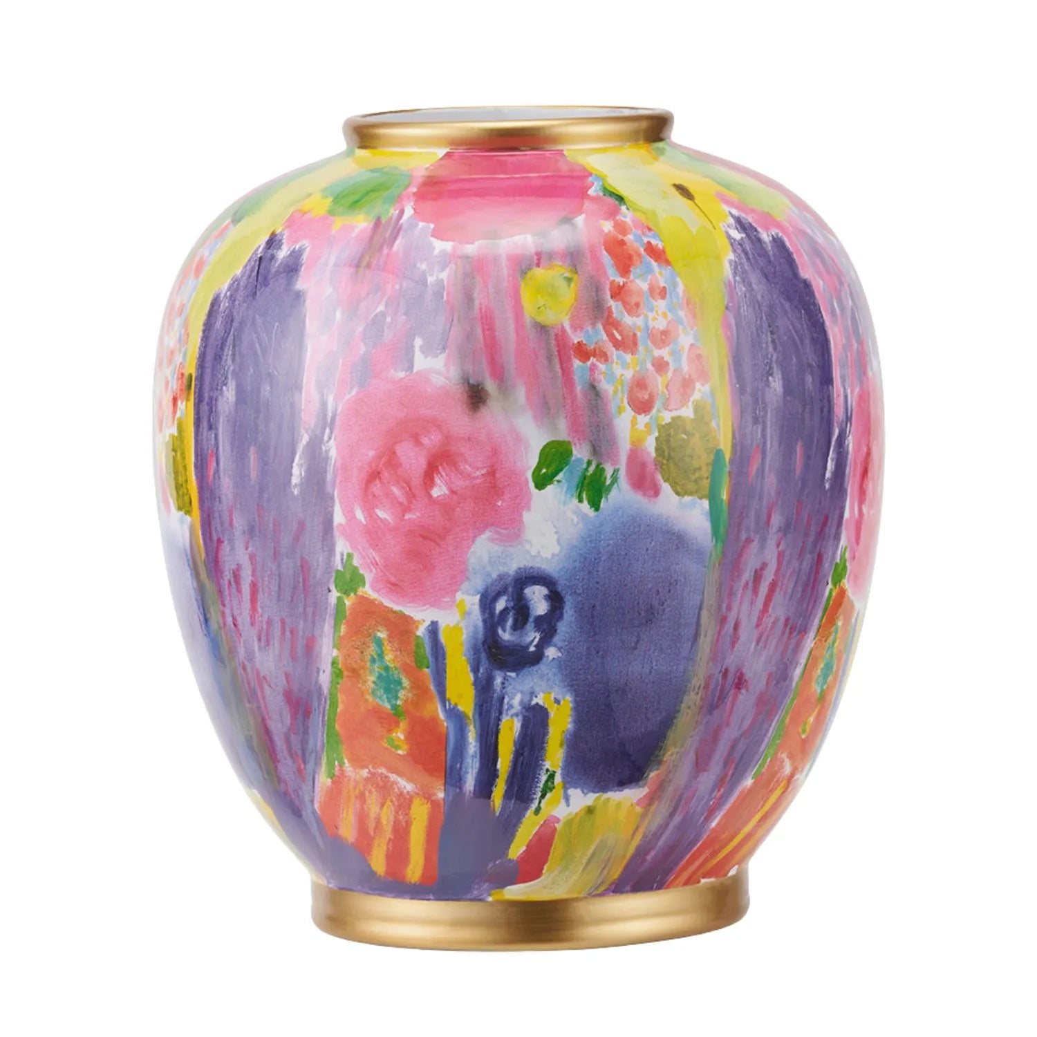 Vibrant Matisse-Style Multi-Colour Ceramic Urn Vase with Abstract Painterly Floral Brushstroke Design & Gold Rim and Base – Decorative Statement Home Décor Vase 29x26x26cm | Click Style