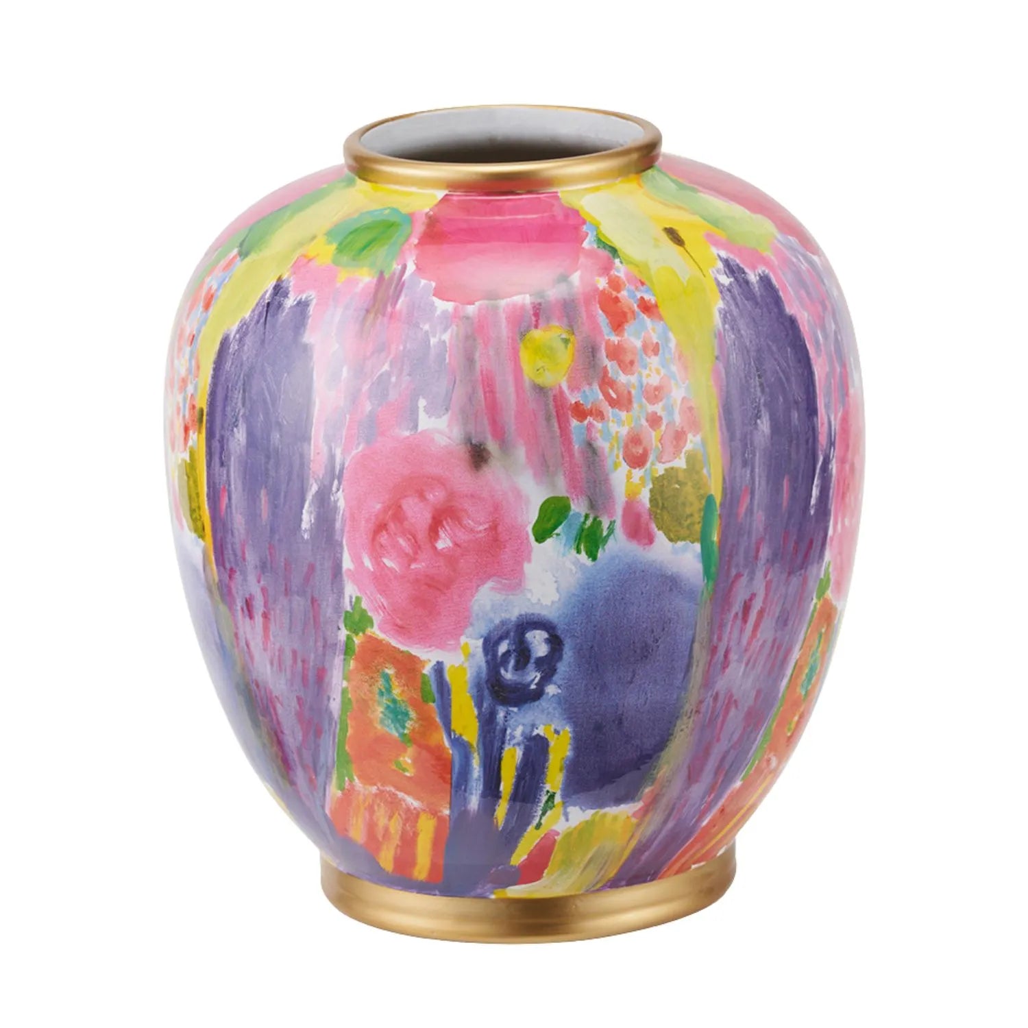 Vibrant Matisse-Style Multi-Colour Ceramic Urn Vase with Abstract Painterly Floral Brushstroke Design & Gold Rim and Base – Decorative Statement Home Décor Vase 29x26x26cm | Click Style