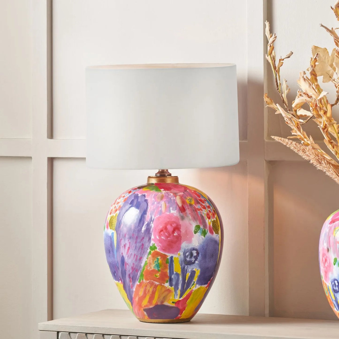 Vibrant Matisse-Style Multi-Colour Ceramic Urn Vase with Abstract Painterly Floral Brushstroke Design & Gold Rim and Base – Decorative Statement Home Décor Vase 29x26x26cm | Click Style