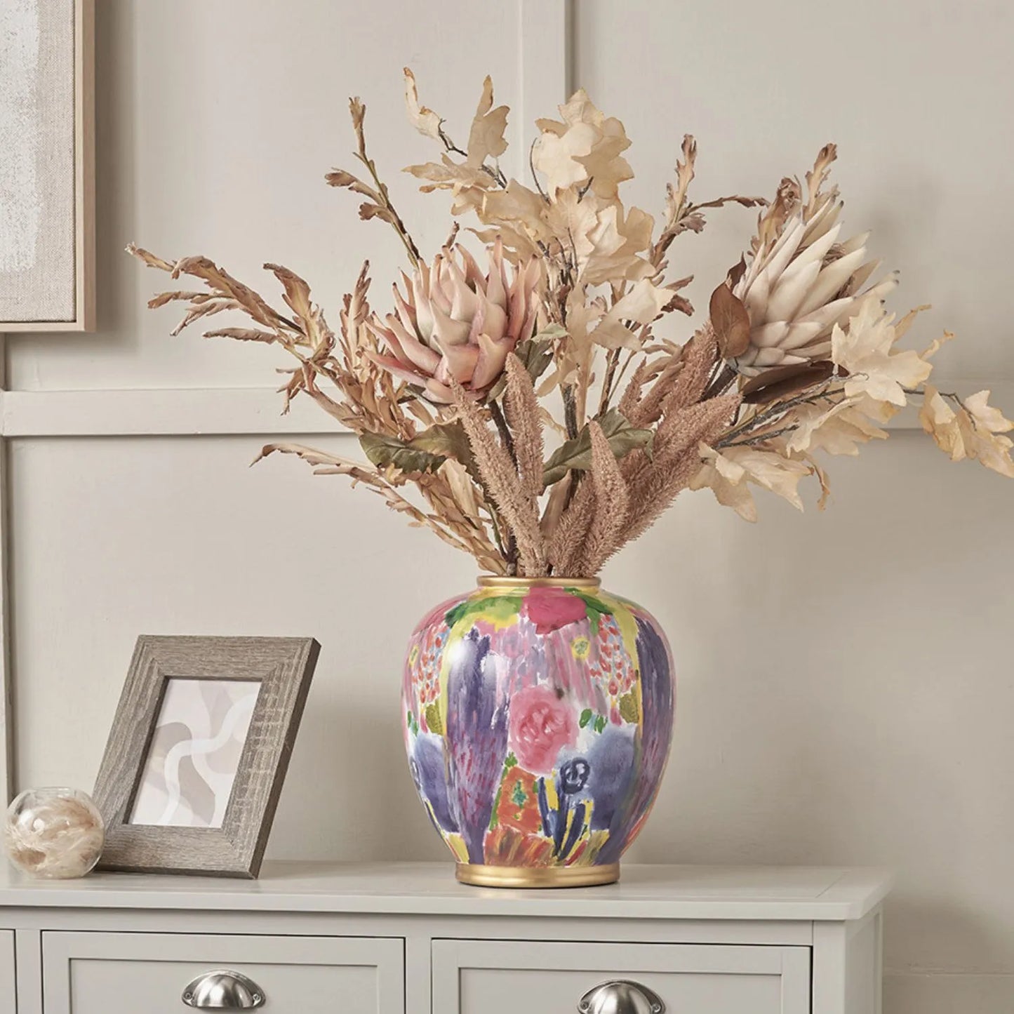 Vibrant Matisse-Style Multi-Colour Ceramic Urn Vase with Abstract Painterly Floral Brushstroke Design & Gold Rim and Base – Decorative Statement Home Décor Vase 29x26x26cm | Click Style