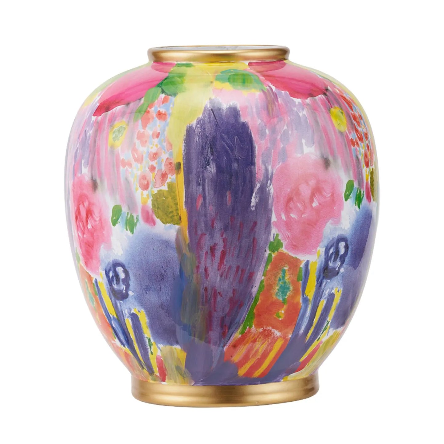 Vibrant Matisse-Style Multi-Colour Ceramic Urn Vase with Abstract Painterly Floral Brushstroke Design & Gold Rim and Base – Decorative Statement Home Décor Vase 29x26x26cm | Click Style