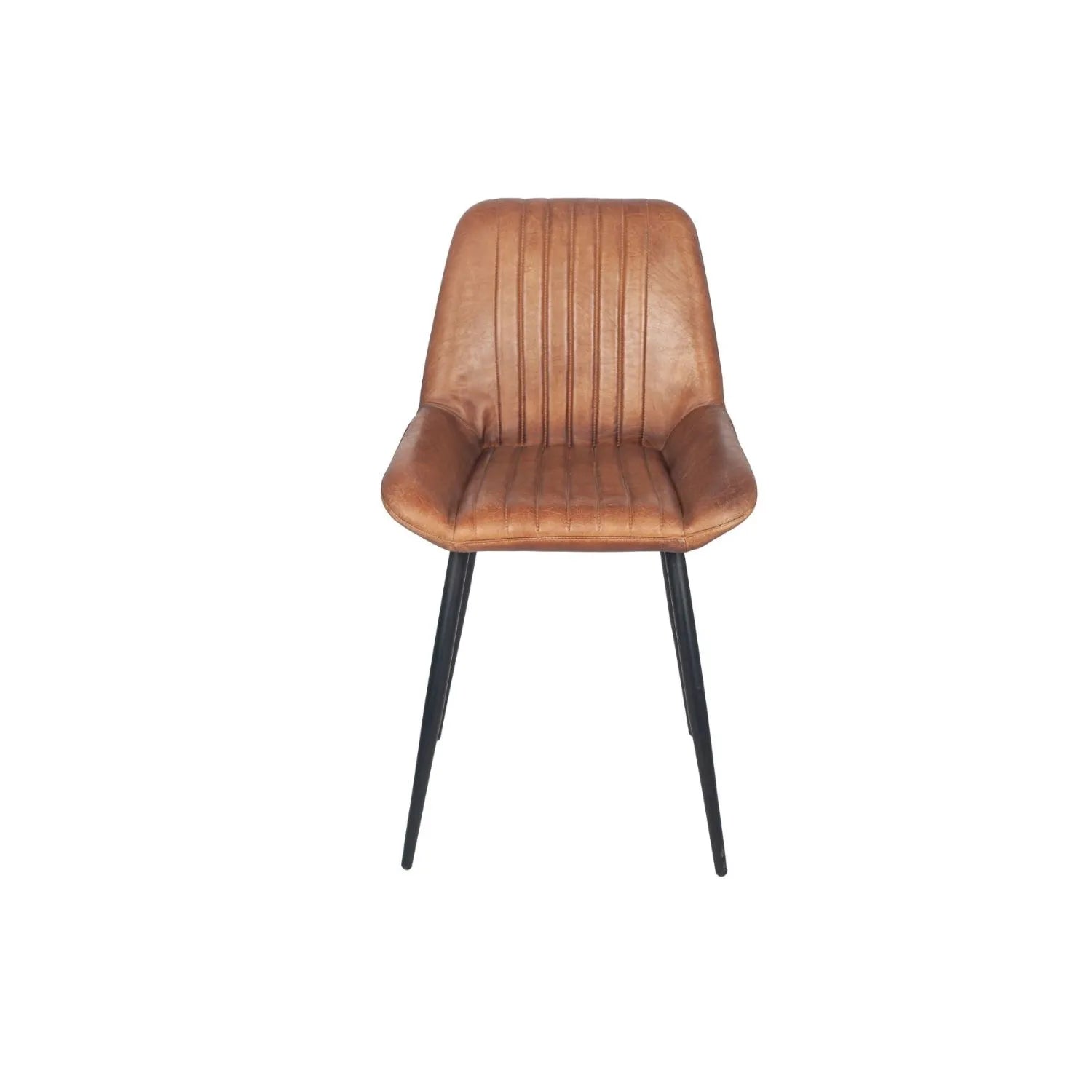 Vintage brown genuine leather dining chair with channel-stitched ribbed upholstery and interchangeable black and bronze metal legs | Click Style