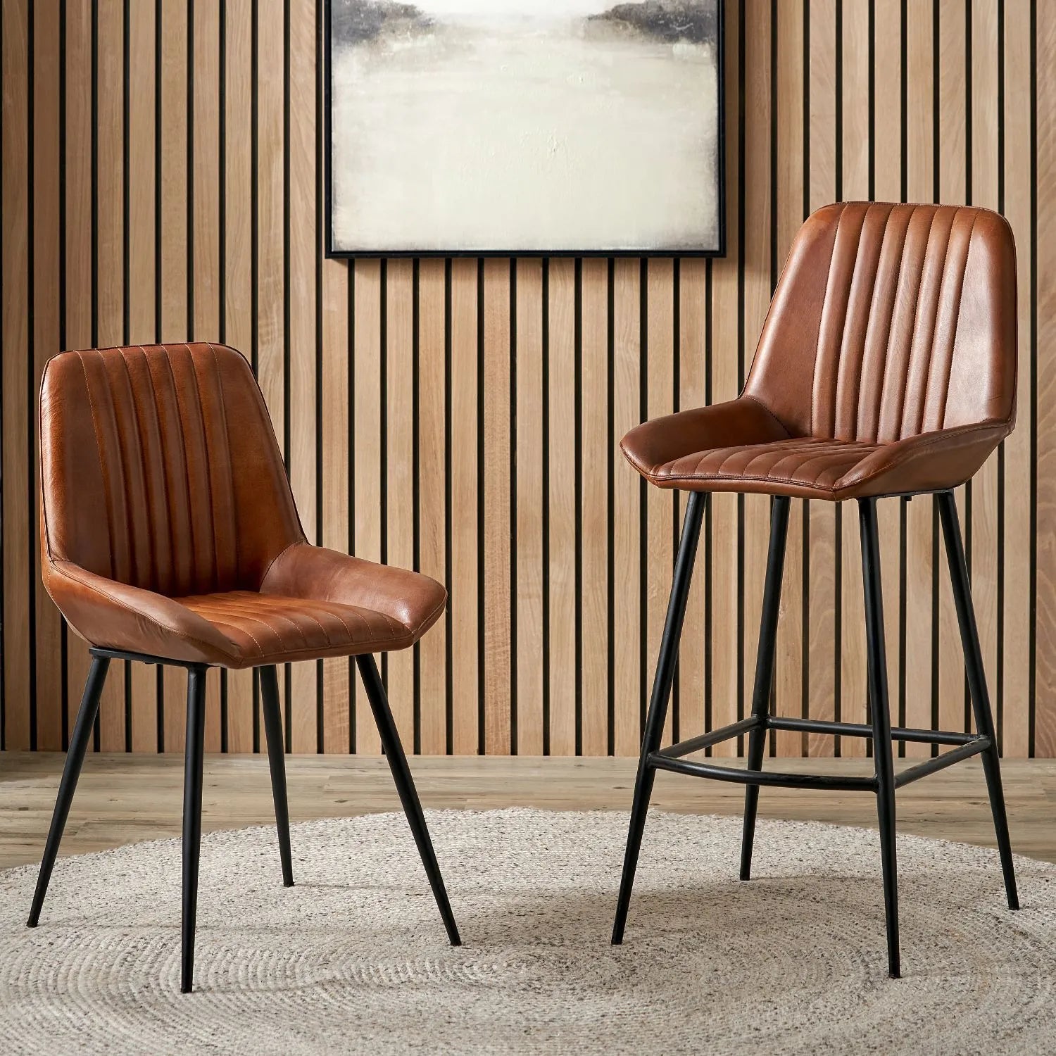 Vintage brown genuine leather dining chair with channel-stitched ribbed upholstery and interchangeable black and bronze metal legs | Click Style