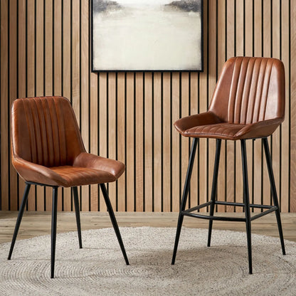 Vintage brown genuine leather dining chair with channel-stitched ribbed upholstery and interchangeable black and bronze metal legs | Click Style