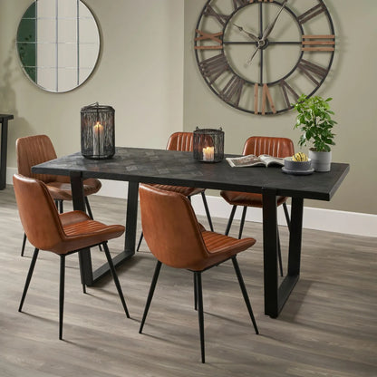 Vintage brown genuine leather dining chair with channel-stitched ribbed upholstery and interchangeable black and bronze metal legs | Click Style