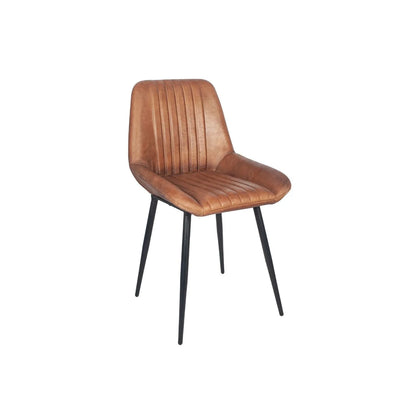 Vintage brown genuine leather dining chair with channel-stitched ribbed upholstery and interchangeable black and bronze metal legs | Click Style