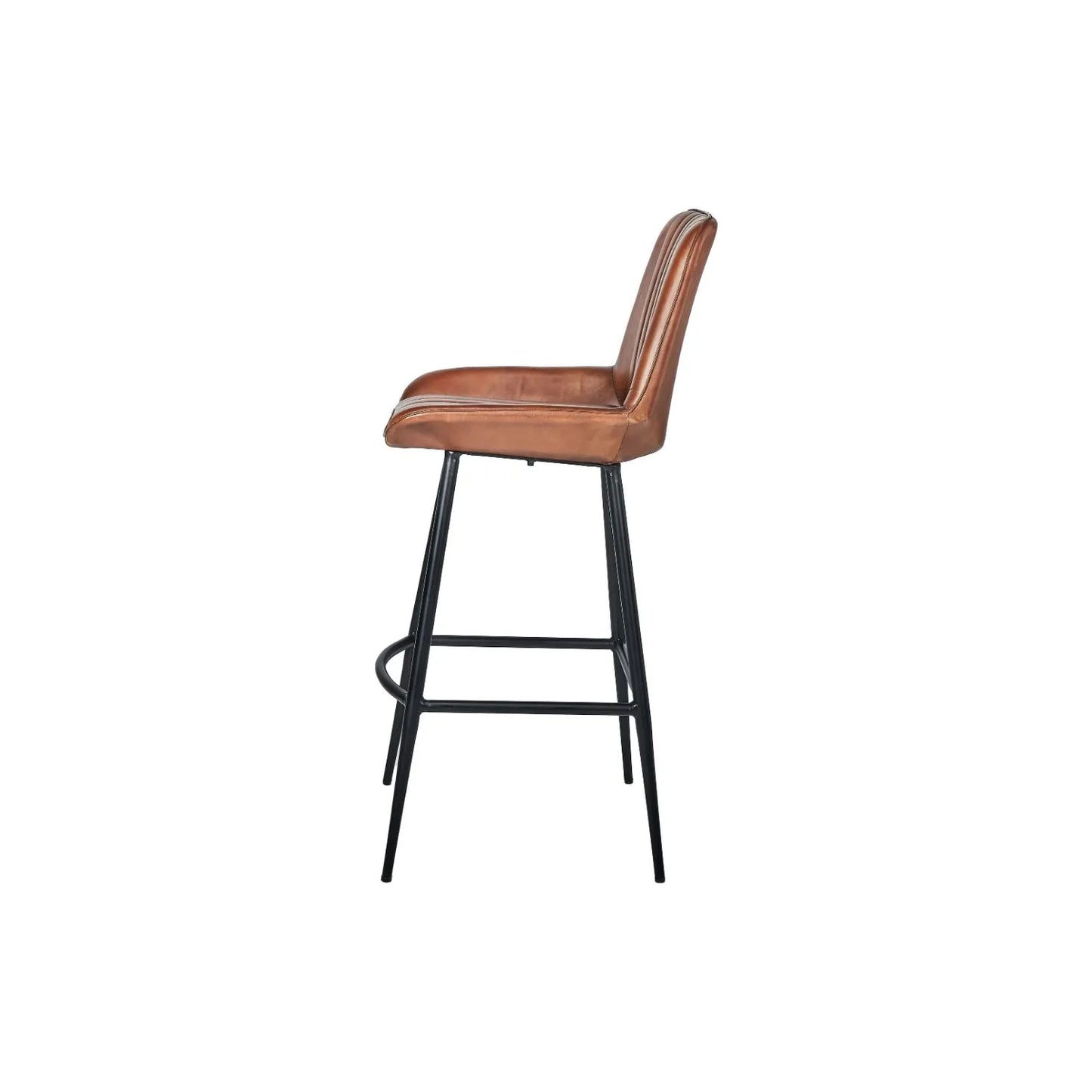 Vintage Brown Genuine Leather Bar Stool With Interchangeable Black And Bronze Metal Legs, Channel-Stitched Ribbed Retro Design | Click Style