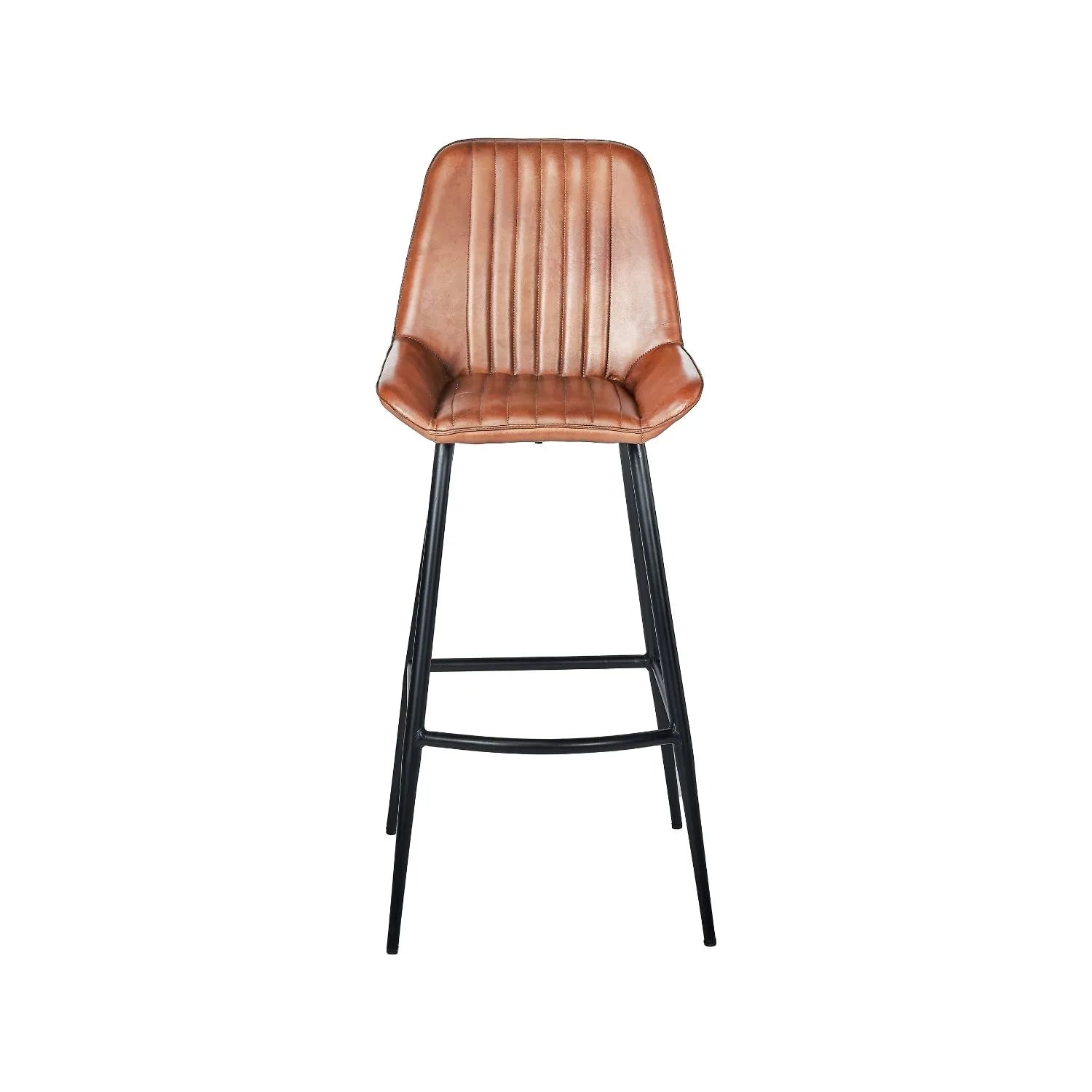 Vintage Brown Genuine Leather Bar Stool With Interchangeable Black And Bronze Metal Legs, Channel-Stitched Ribbed Retro Design | Click Style