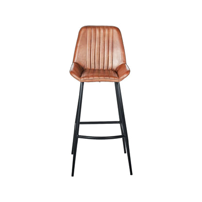 Vintage Brown Genuine Leather Bar Stool With Interchangeable Black And Bronze Metal Legs, Channel-Stitched Ribbed Retro Design | Click Style