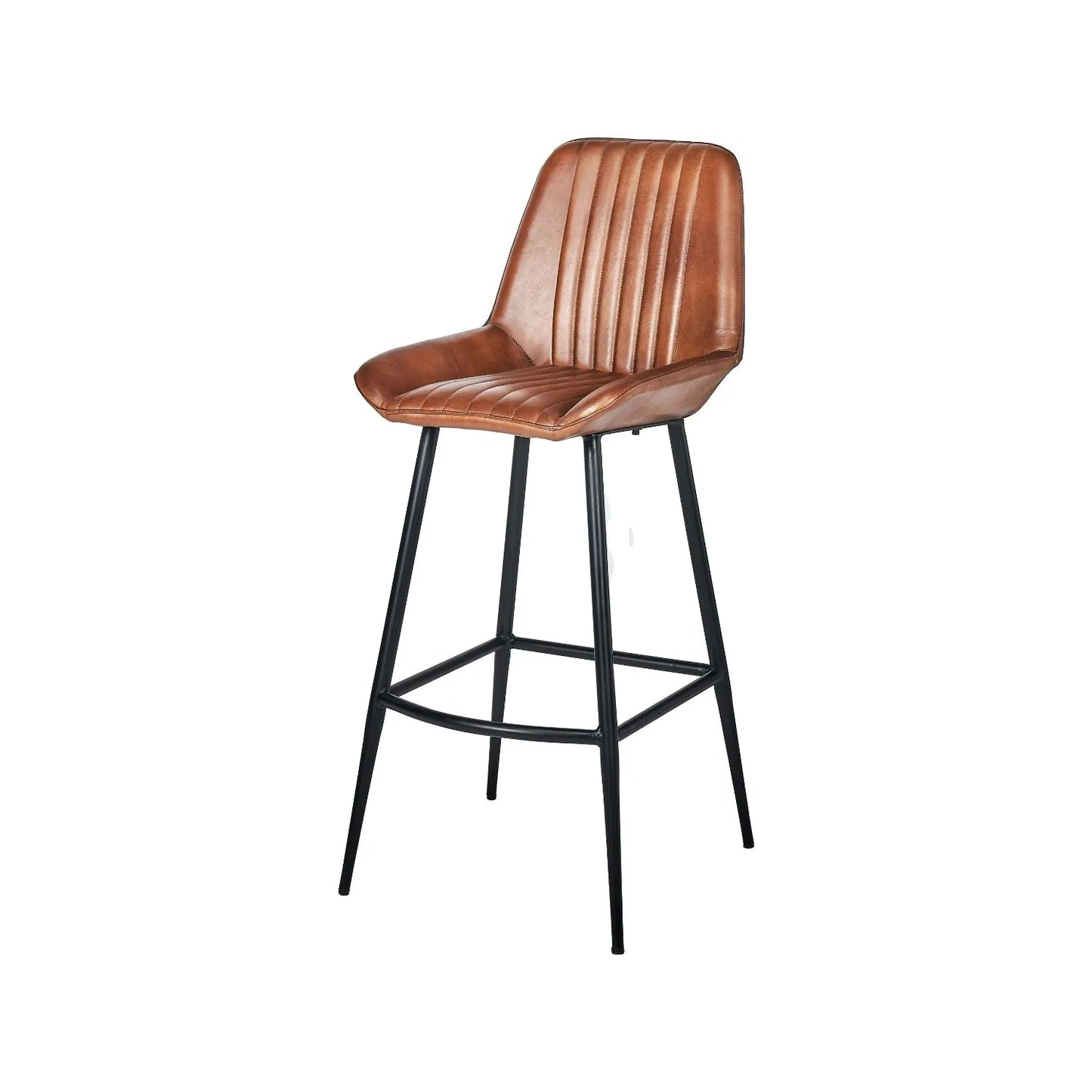 Vintage Brown Genuine Leather Bar Stool With Interchangeable Black And Bronze Metal Legs, Channel-Stitched Ribbed Retro Design | Click Style
