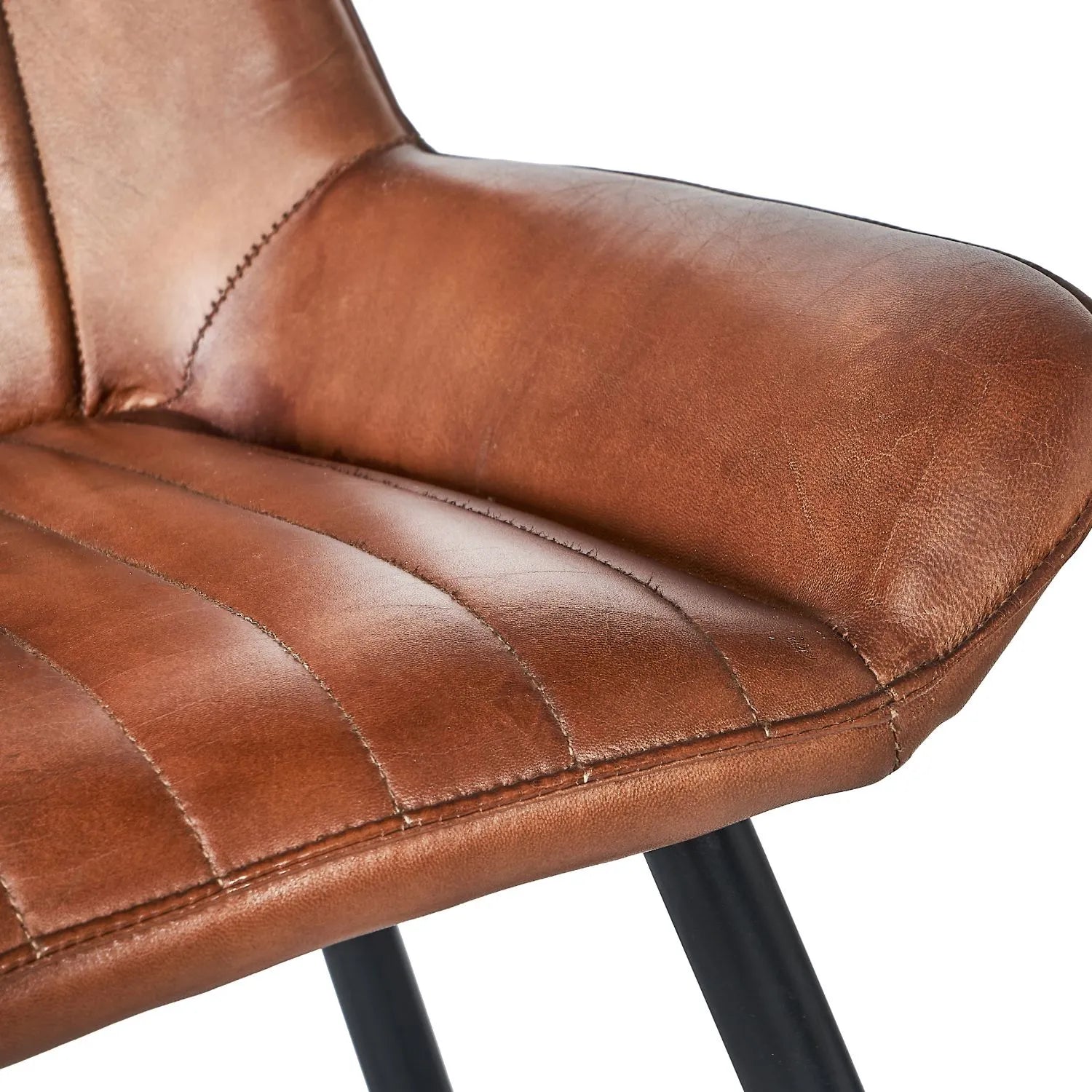 Vintage Brown Genuine Leather Bar Stool With Interchangeable Black And Bronze Metal Legs, Channel-Stitched Ribbed Retro Design | Click Style