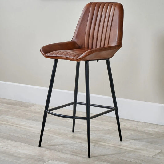 Vintage Brown Genuine Leather Bar Stool With Interchangeable Black And Bronze Metal Legs, Channel-Stitched Ribbed Retro Design | Click Style