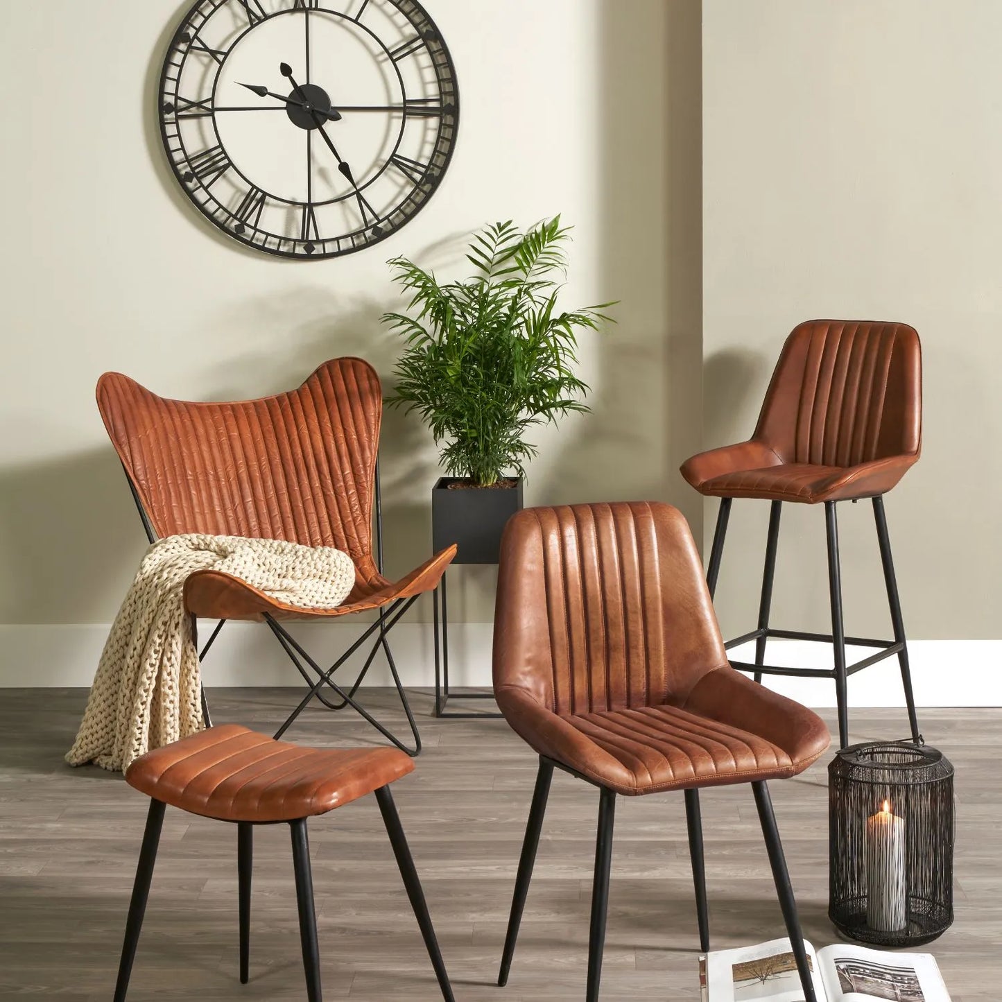 Vintage Brown Genuine Leather Bar Stool With Interchangeable Black And Bronze Metal Legs, Channel-Stitched Ribbed Retro Design | Click Style