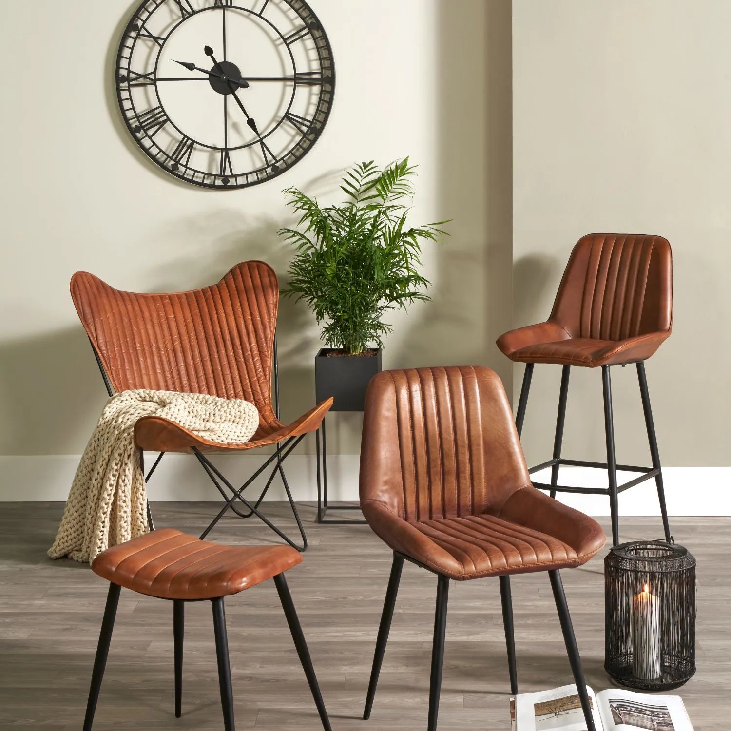 Vintage Brown Genuine Leather Bar Stool With Interchangeable Black And Bronze Metal Legs, Channel-Stitched Ribbed Retro Design | Click Style