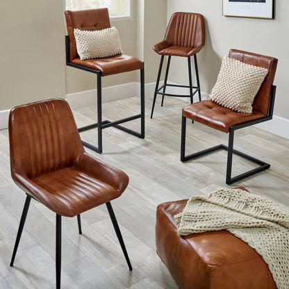 Vintage Brown Genuine Leather Bar Stool With Interchangeable Black And Bronze Metal Legs, Channel-Stitched Ribbed Retro Design | Click Style