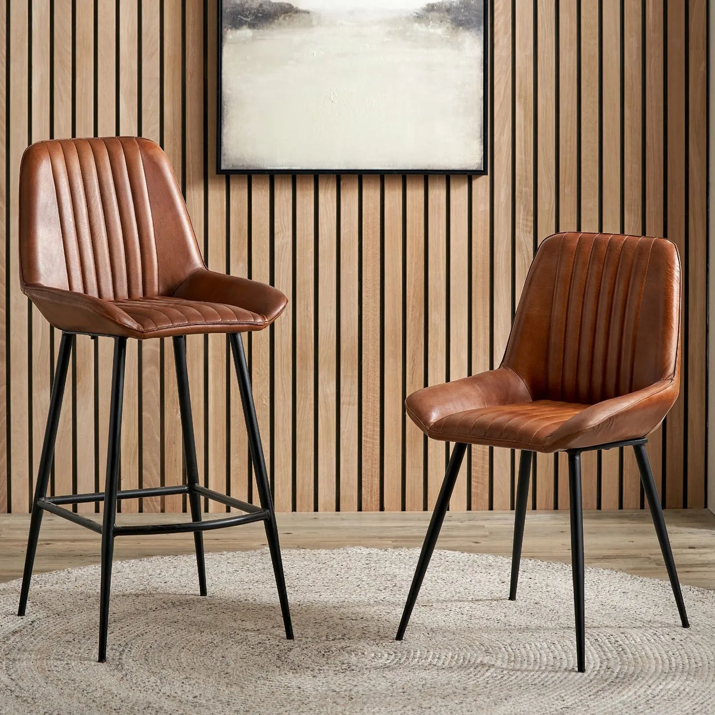 Vintage Brown Genuine Leather Bar Stool With Interchangeable Black And Bronze Metal Legs, Channel-Stitched Ribbed Retro Design | Click Style