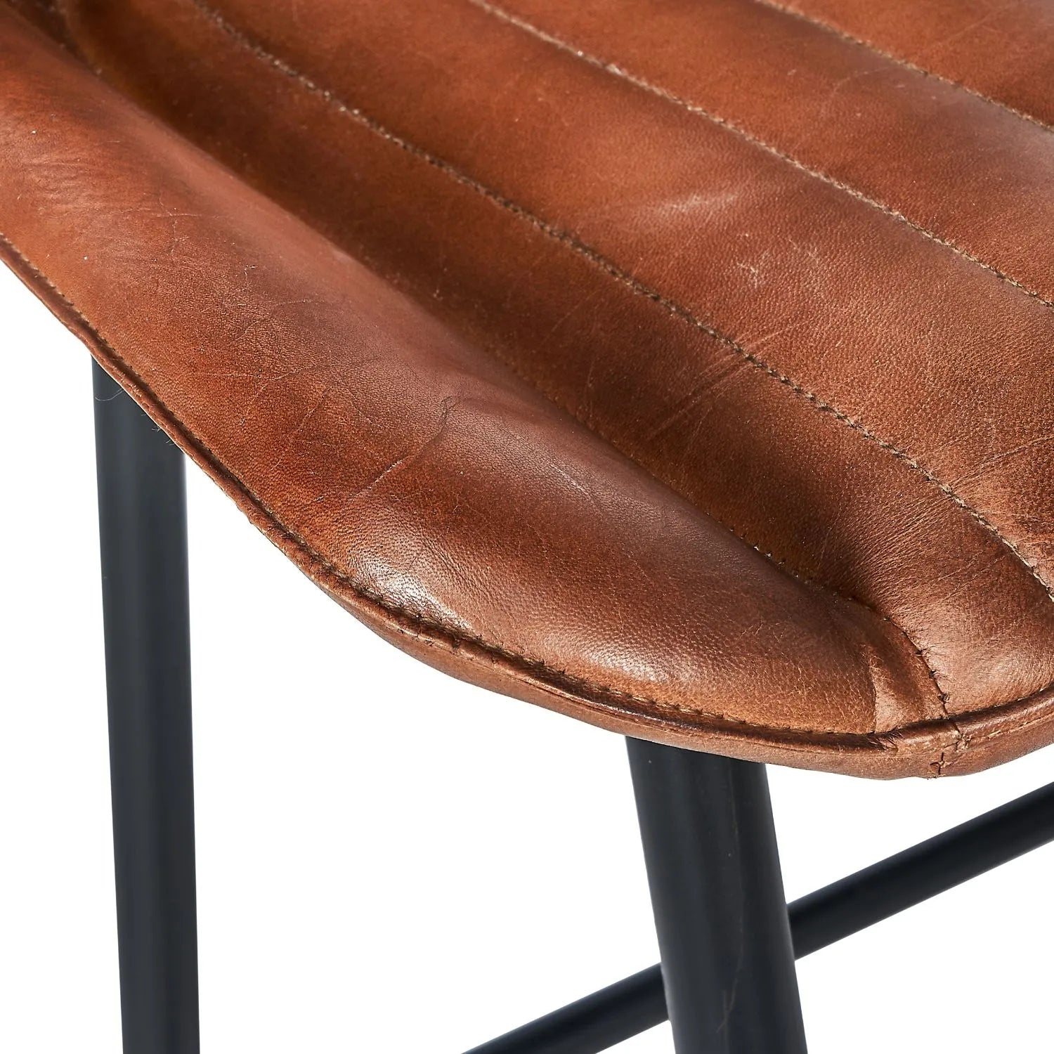 Vintage Brown Genuine Leather Bar Stool With Interchangeable Black And Bronze Metal Legs, Channel-Stitched Ribbed Retro Design | Click Style