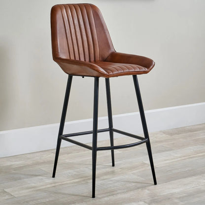 Vintage Brown Genuine Leather Bar Stool With Interchangeable Black And Bronze Metal Legs, Channel-Stitched Ribbed Retro Design | Click Style