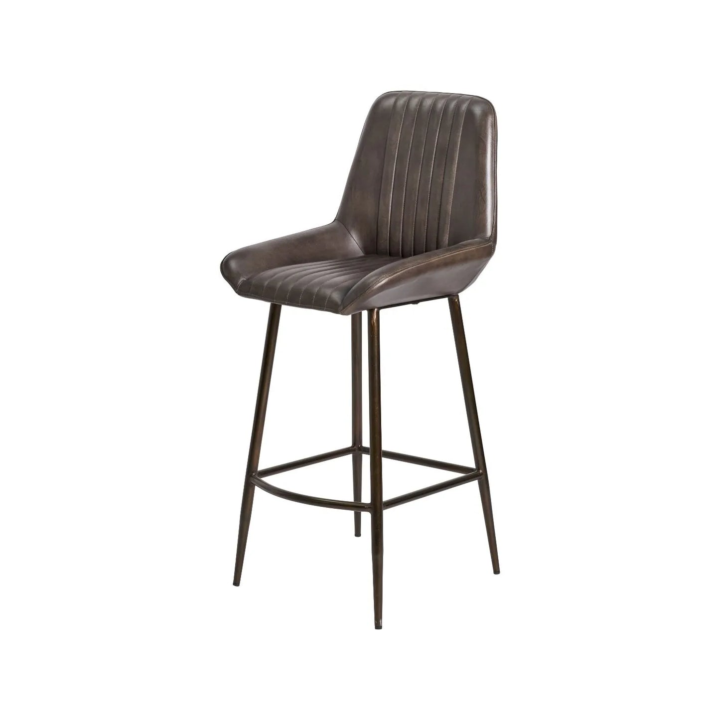 Vintage Dark Brown Genuine Leather Bar Stool With Plain Back And Black Metal Legs At Kitchen Island – Channel-Stitched Seat Retro Bar Stool | Click Style