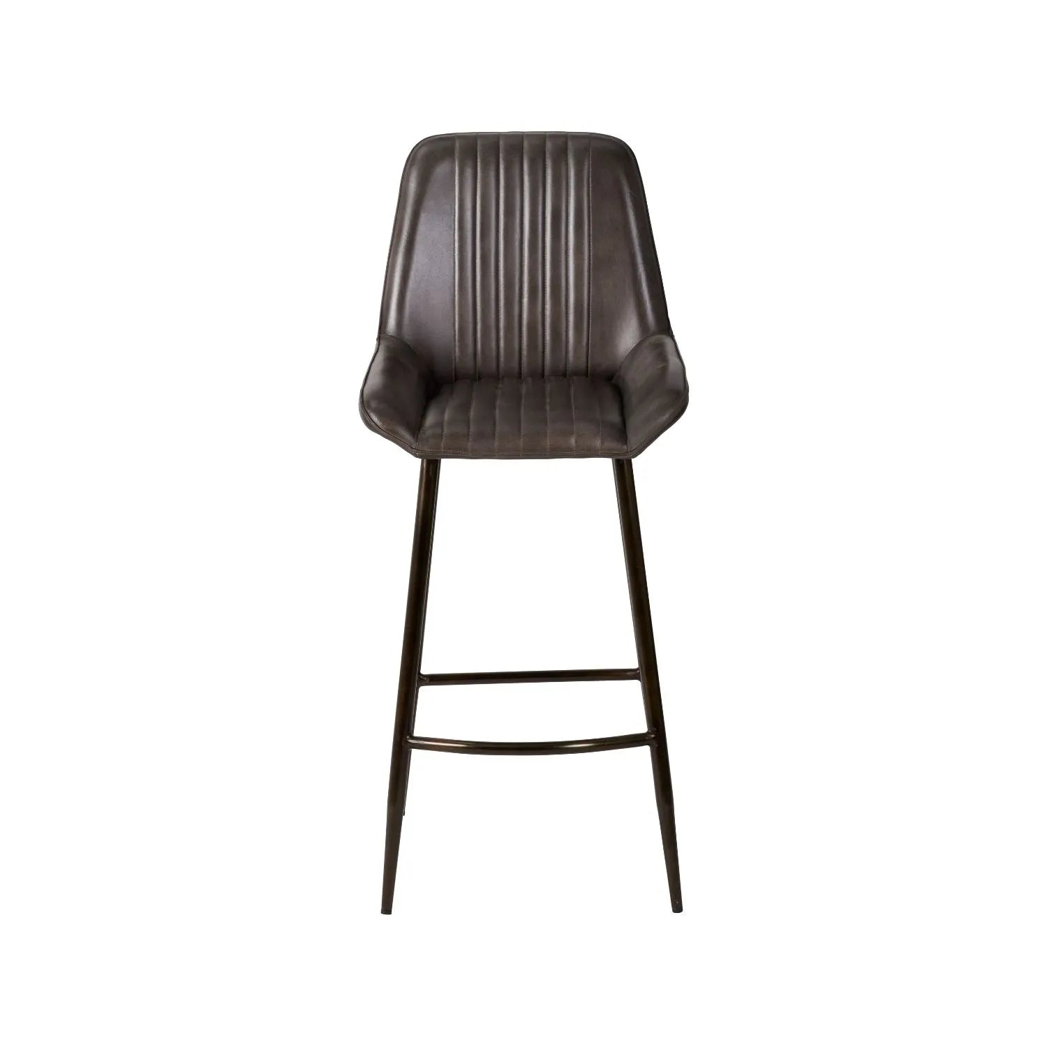 Vintage Dark Brown Genuine Leather Bar Stool With Plain Back And Black Metal Legs At Kitchen Island – Channel-Stitched Seat Retro Bar Stool | Click Style