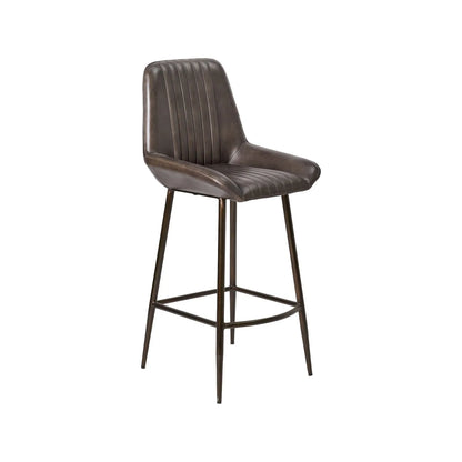 Vintage Dark Brown Genuine Leather Bar Stool With Plain Back And Black Metal Legs At Kitchen Island – Channel-Stitched Seat Retro Bar Stool | Click Style