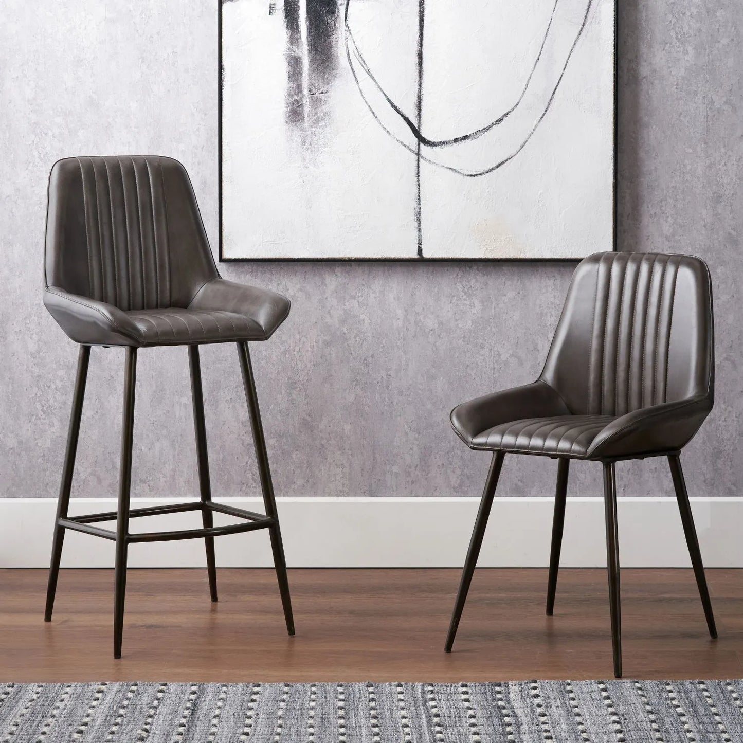 Vintage Dark Brown Genuine Leather Bar Stool With Plain Back And Black Metal Legs At Kitchen Island – Channel-Stitched Seat Retro Bar Stool | Click Style