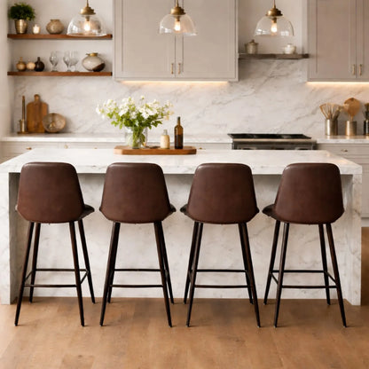 Vintage Dark Brown Genuine Leather Bar Stool With Plain Back And Black Metal Legs At Kitchen Island – Channel-Stitched Seat Retro Bar Stool | Click Style
