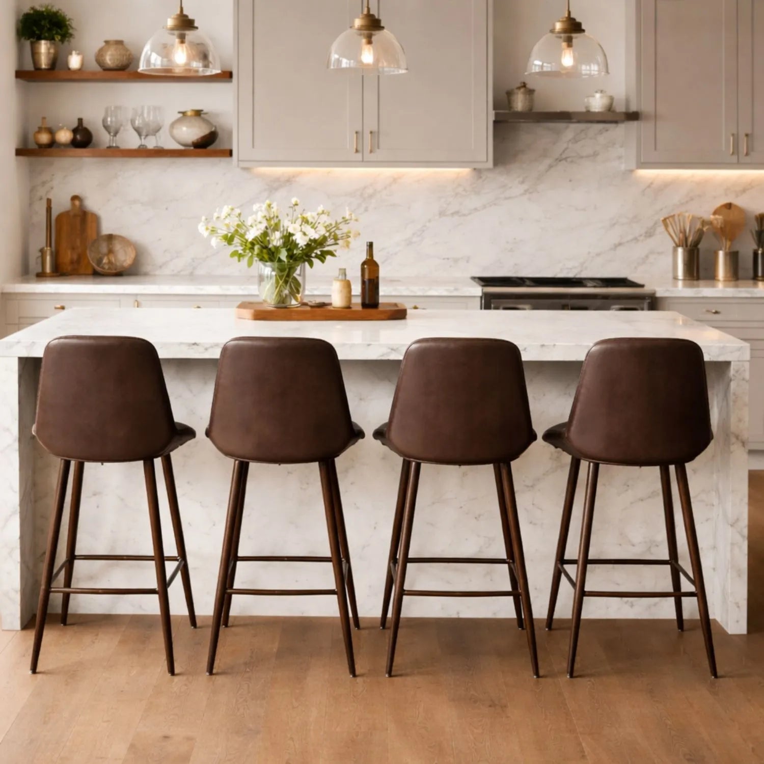 Vintage Dark Brown Genuine Leather Bar Stool With Plain Back And Black Metal Legs At Kitchen Island – Channel-Stitched Seat Retro Bar Stool | Click Style