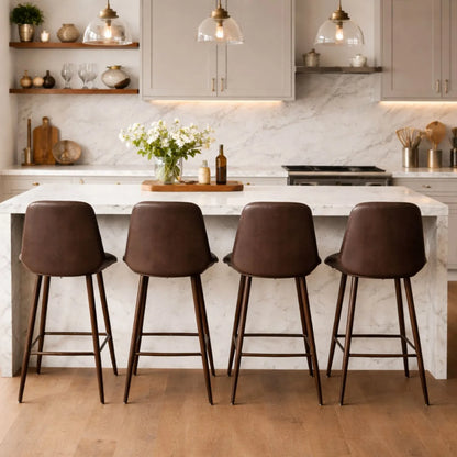 Vintage Dark Brown Genuine Leather Bar Stool With Plain Back And Black Metal Legs At Kitchen Island – Channel-Stitched Seat Retro Bar Stool | Click Style