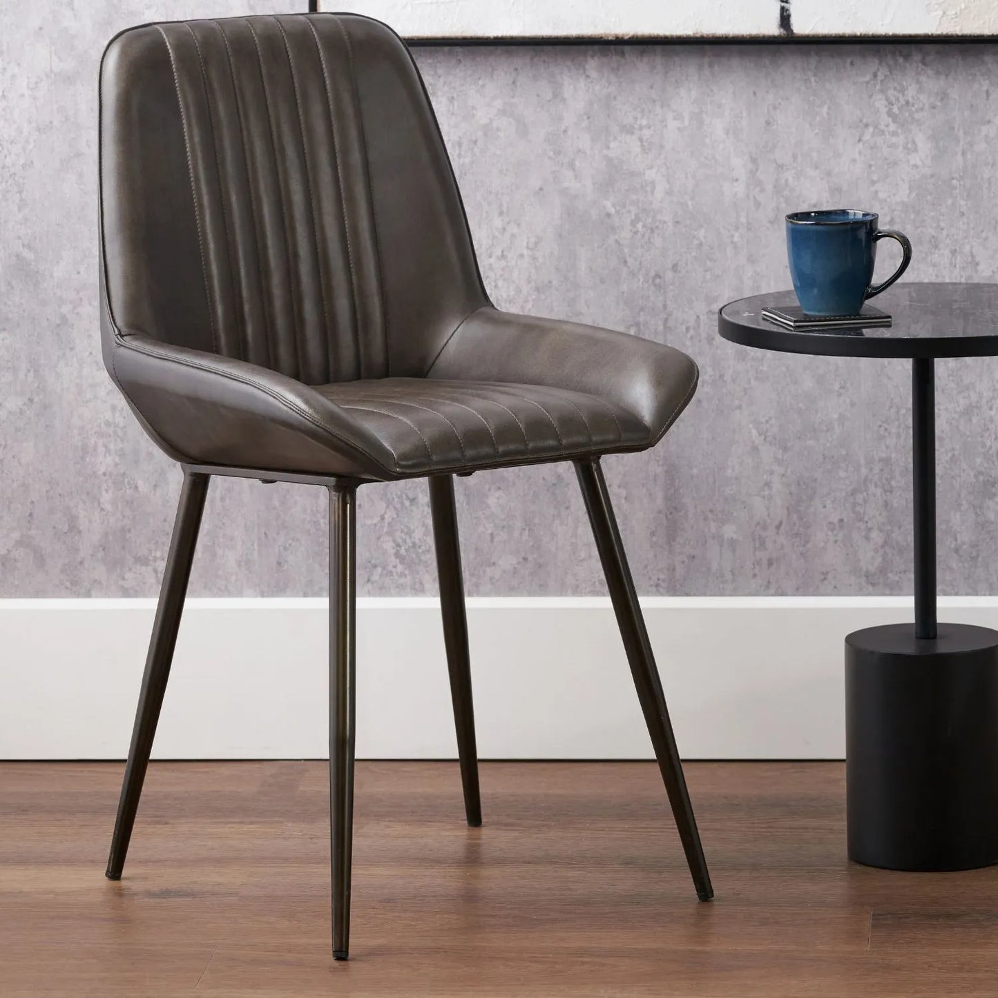 Vintage Dark Brown Leather Dining Chair With Interchangeable Black And Bronze Metal Legs – Channel-Stitched Ribbed Retro Dining Chair | Click Style