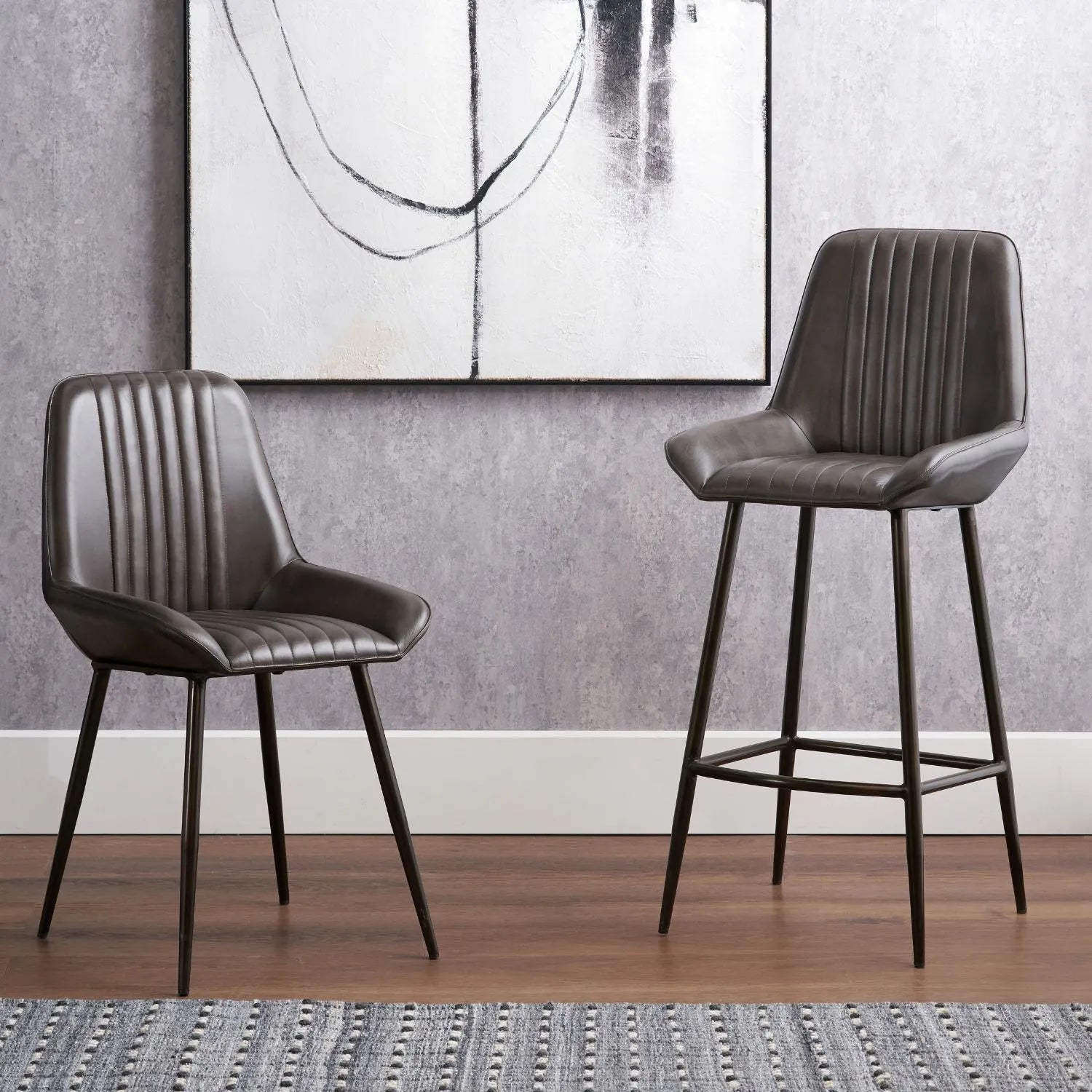 Vintage Dark Brown Leather Dining Chair With Interchangeable Black And Bronze Metal Legs – Channel-Stitched Ribbed Retro Dining Chair | Click Style