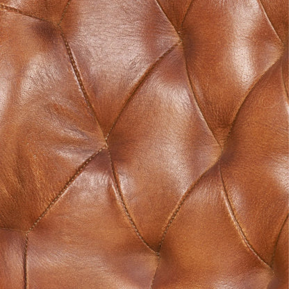 Vintage brown genuine leather dining chair with hand stitched diamond back and black metal sled-style legs – industrial upholstered dining chair by Click Style