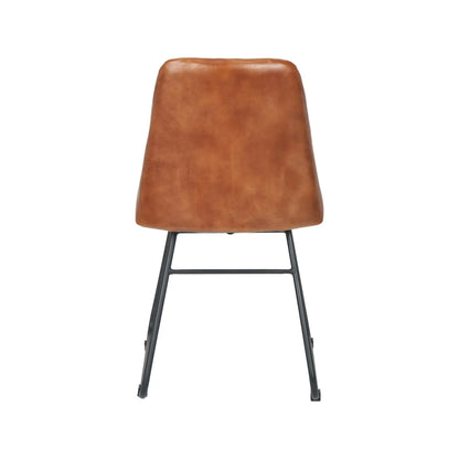 Vintage brown genuine leather dining chair with hand stitched diamond back and black metal sled-style legs – industrial upholstered dining chair by Click Style