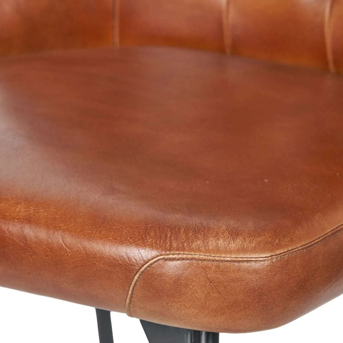 Vintage brown genuine leather dining chair with hand stitched diamond back and black metal sled-style legs – industrial upholstered dining chair by Click Style