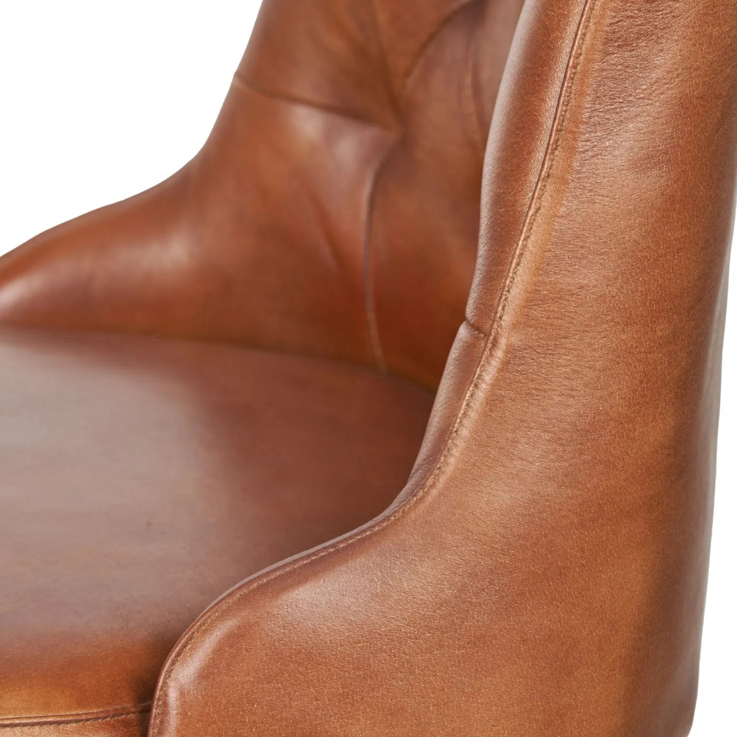 Vintage brown genuine leather dining chair with hand stitched diamond back and black metal sled-style legs – industrial upholstered dining chair by Click Style