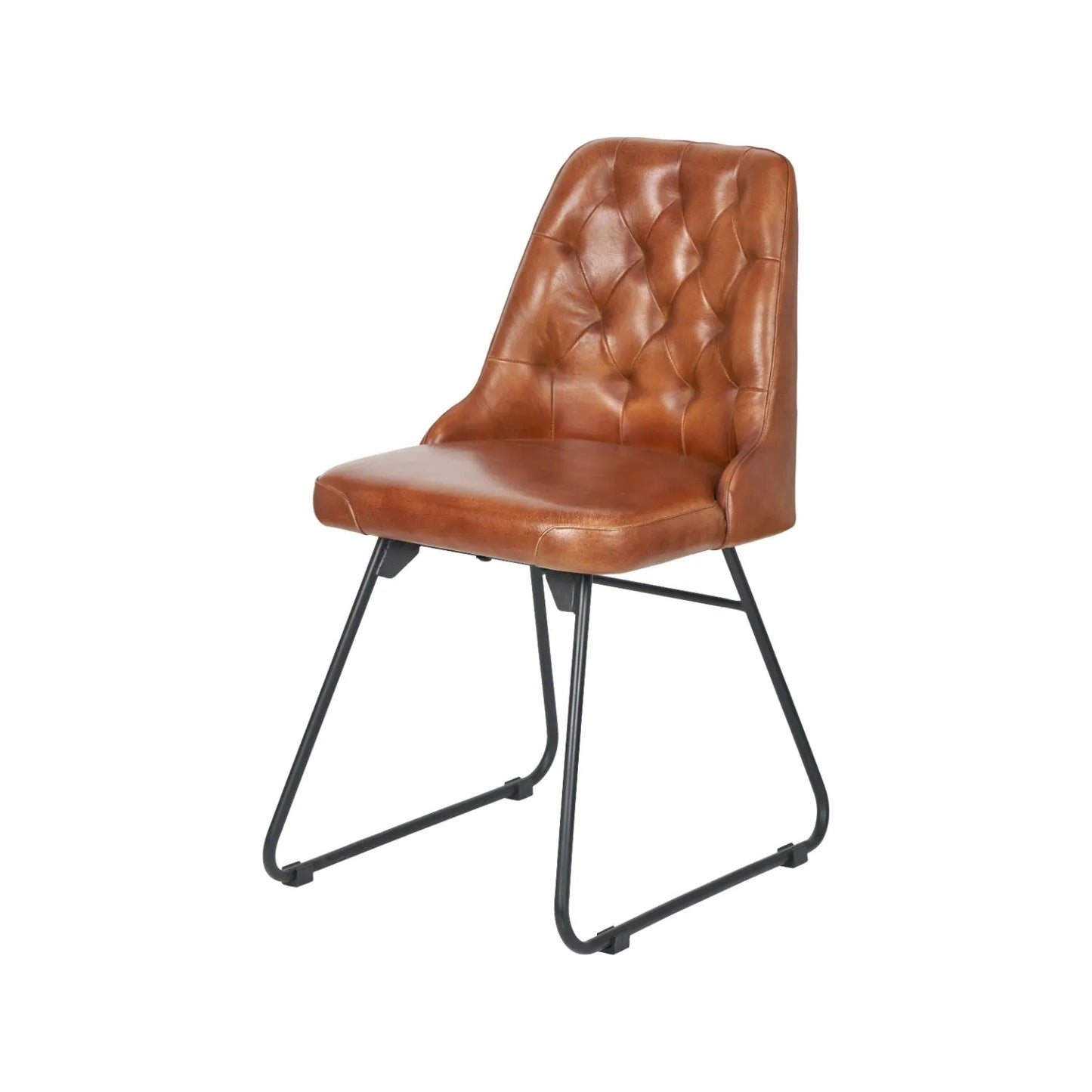 Vintage brown genuine leather dining chair with hand stitched diamond back and black metal sled-style legs – industrial upholstered dining chair by Click Style