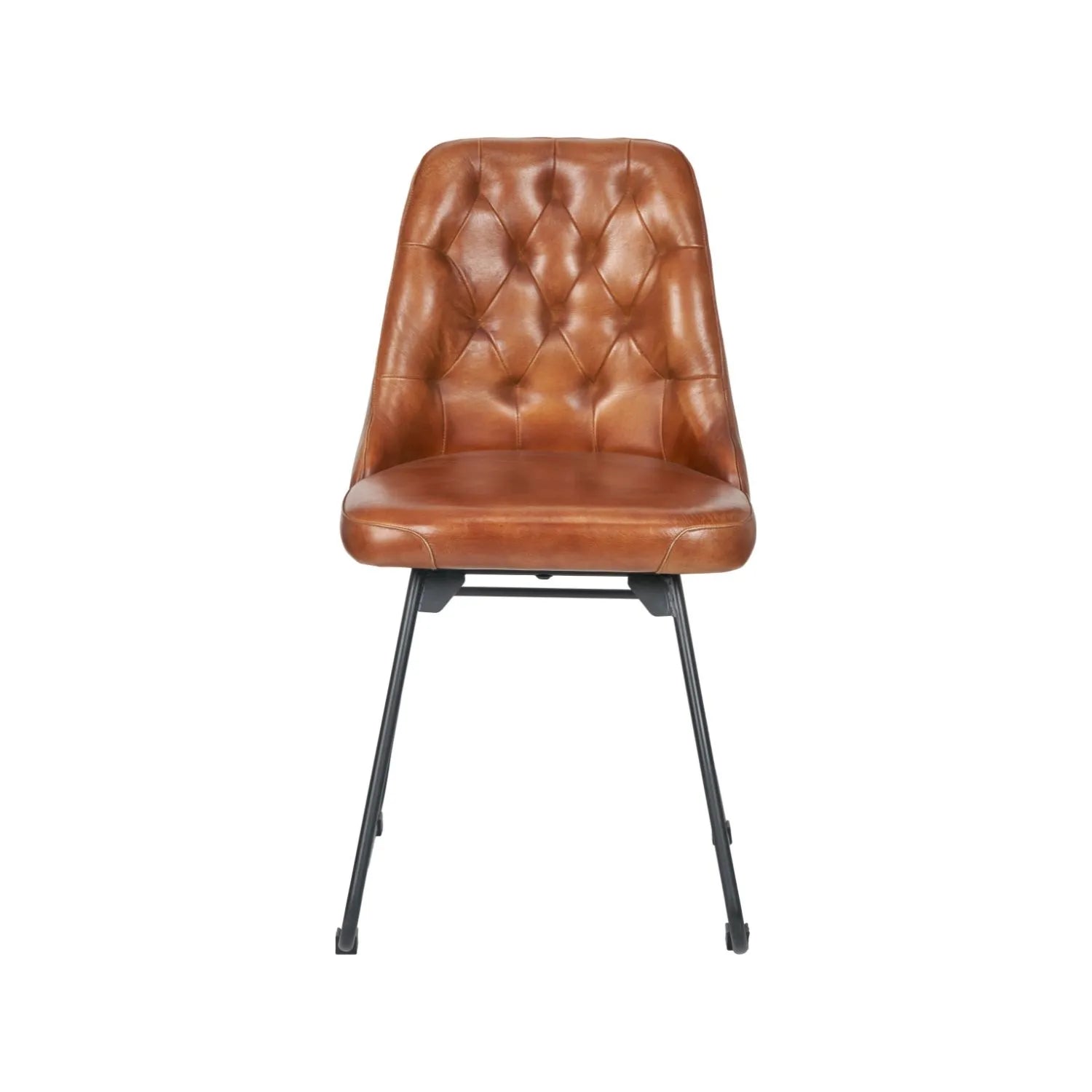 Vintage brown genuine leather dining chair with hand stitched diamond back and black metal sled-style legs – industrial upholstered dining chair by Click Style