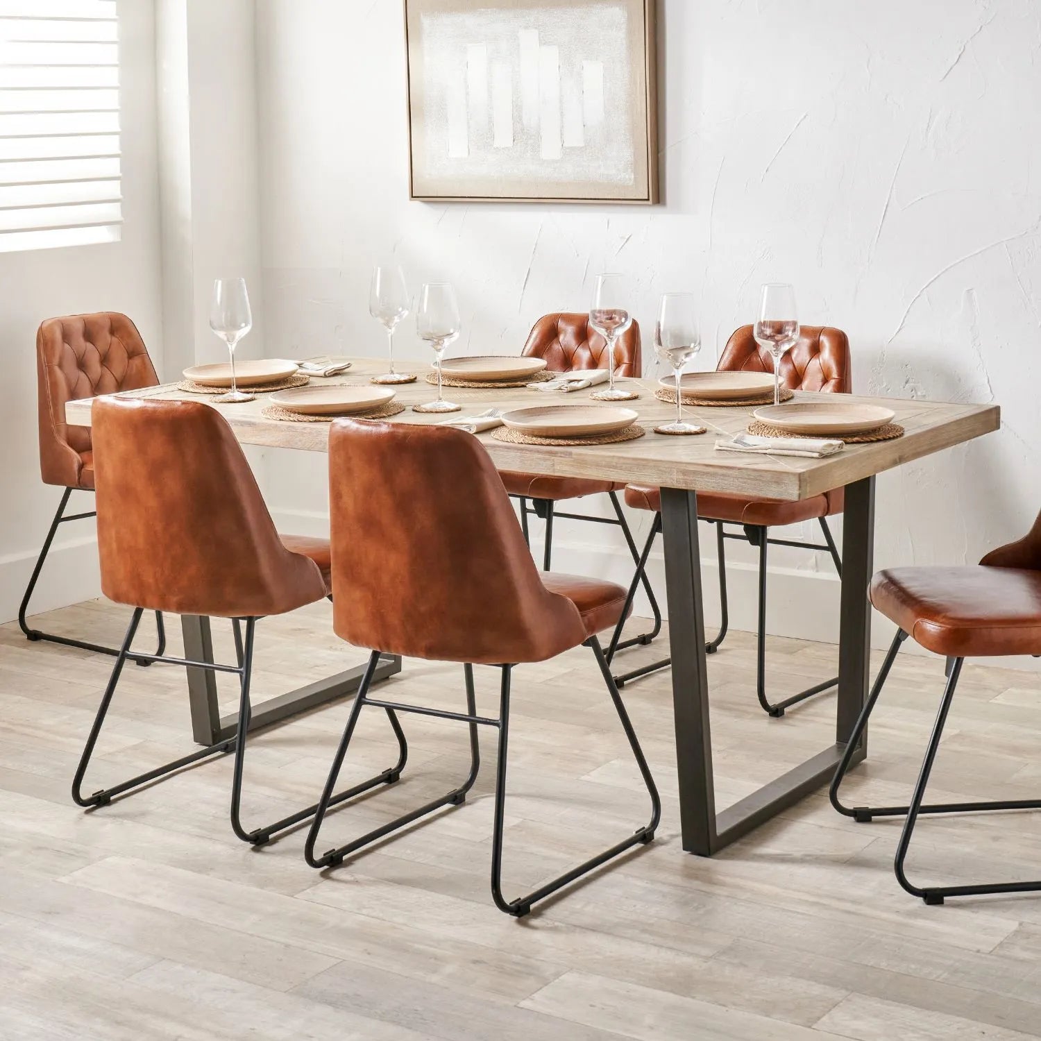 Vintage brown genuine leather dining chair with hand stitched diamond back and black metal sled-style legs – industrial upholstered dining chair by Click Style