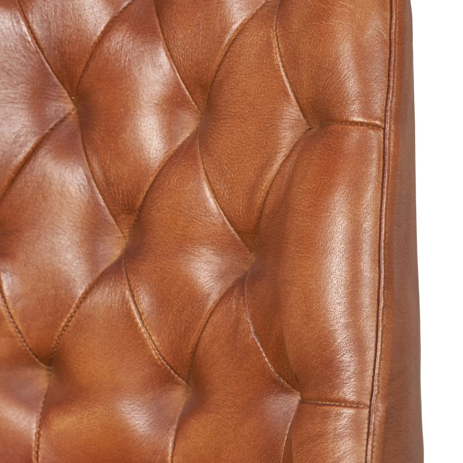 Vintage brown genuine leather dining chair with hand stitched diamond back and black metal sled-style legs – industrial upholstered dining chair by Click Style