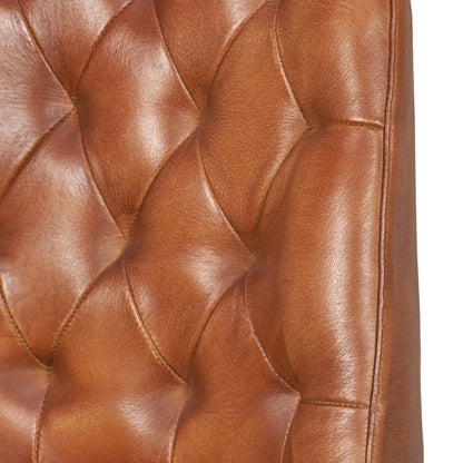 Vintage brown genuine leather dining chair with hand stitched diamond back and black metal sled-style legs – industrial upholstered dining chair by Click Style