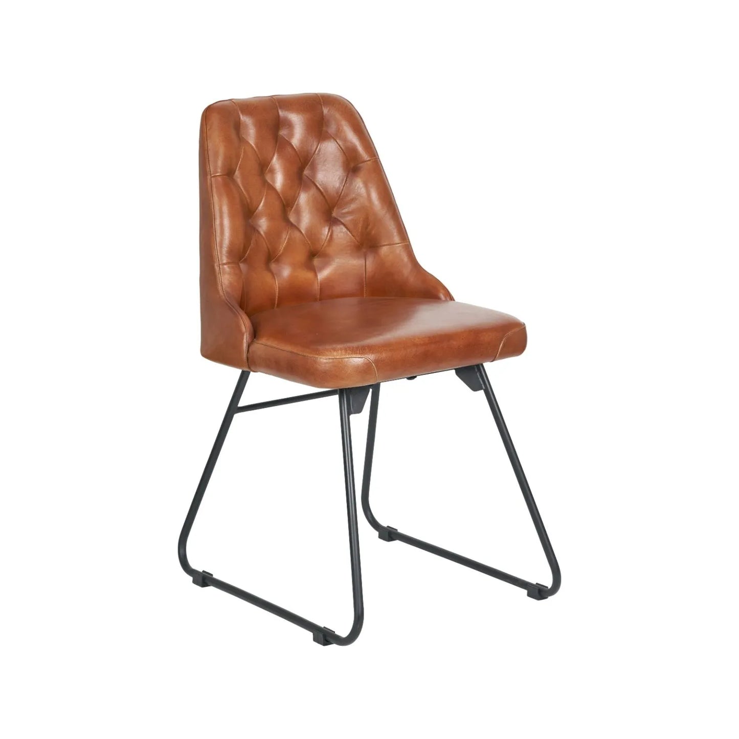 Vintage brown genuine leather dining chair with hand stitched diamond back and black metal sled-style legs – industrial upholstered dining chair by Click Style