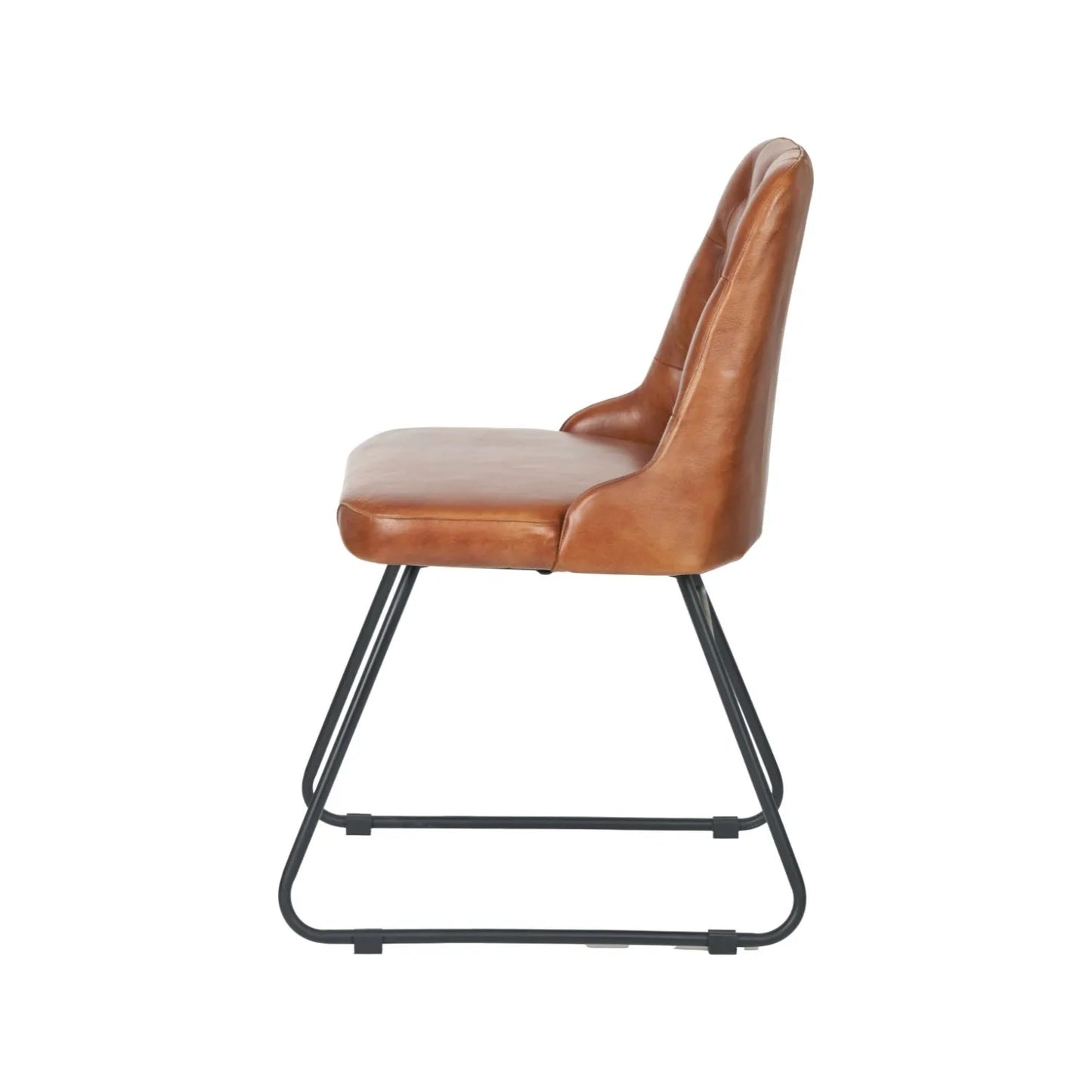 Vintage brown genuine leather dining chair with hand stitched diamond back and black metal sled-style legs – industrial upholstered dining chair by Click Style