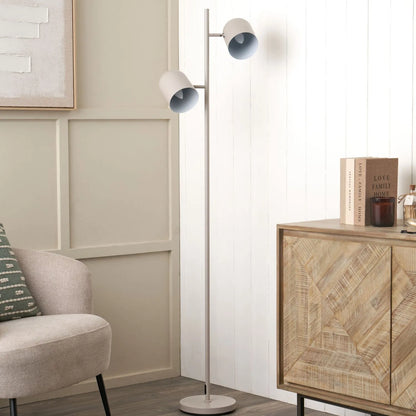 Warm grey metal floor lamp with twin adjustable cloche shades – modern standing task and reading light 160x39x23cm | Click Style