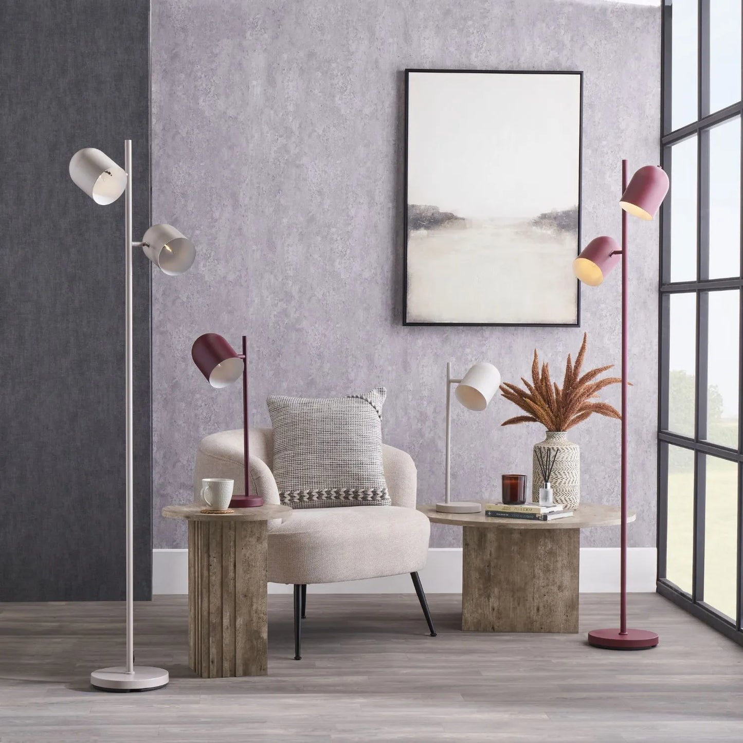 Warm grey metal floor lamp with twin adjustable cloche shades – modern standing task and reading light 160x39x23cm | Click Style